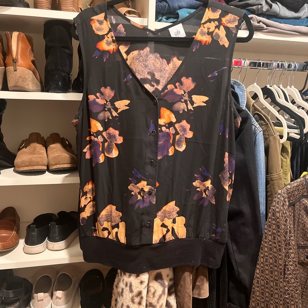 CAbi Black and Orange Floral Blouse
